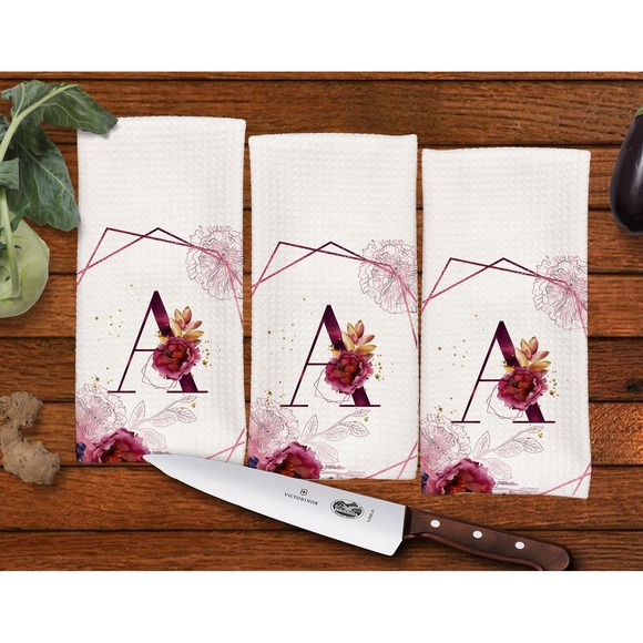 Monogrammed Kitchen Towels, Burgundy Floral dish towel set, Set of 3 towels - Picture 1 of 4